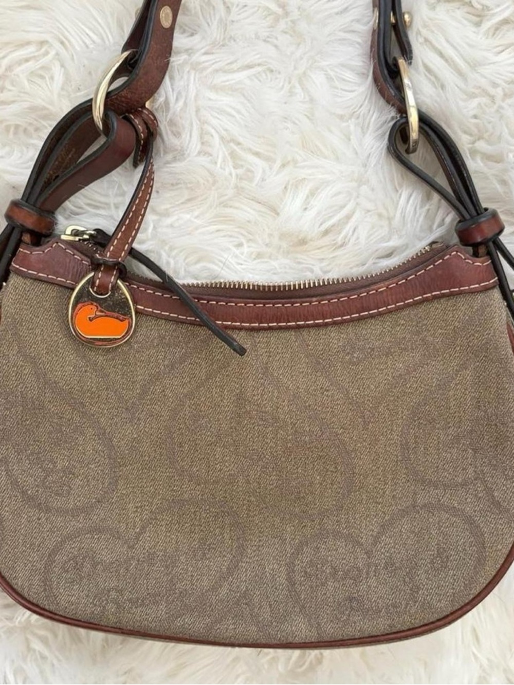 Coach Brown Signature Canvas Crescent Shoulder Bag with Orange Charm